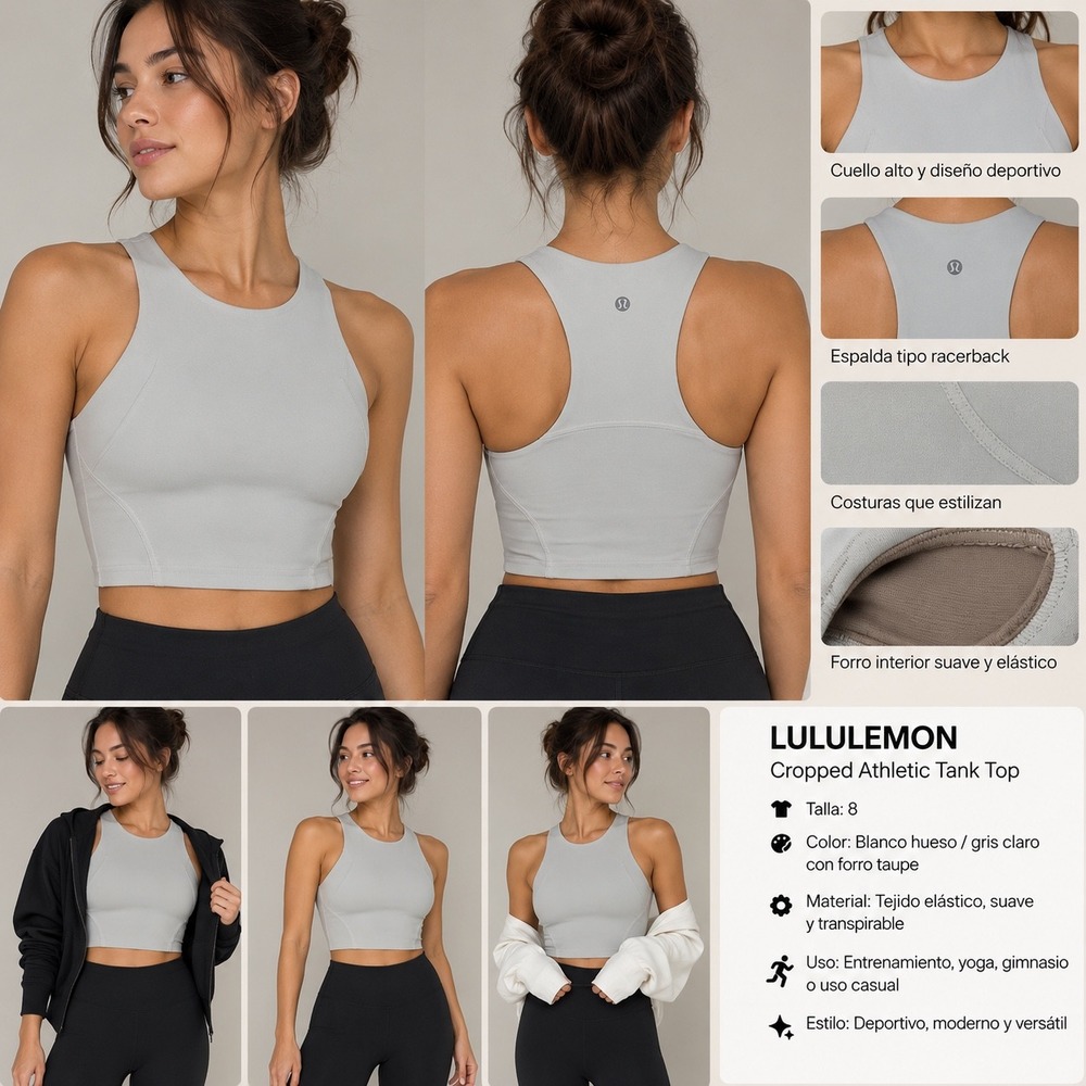 Lululemon Cropped Athletic Tank Top Light Grey Bone Racerback Size 8